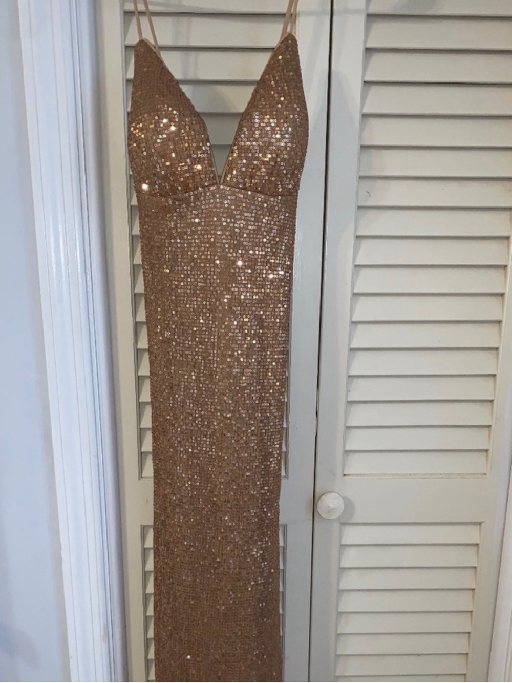 Sequin Spaghetti-Strap Gown in Champagne